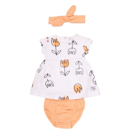 Set 2/3 piese bebe - Rochie bumbac bebe fetita , chilotel si bandana, imprimeu lalele, Babybol