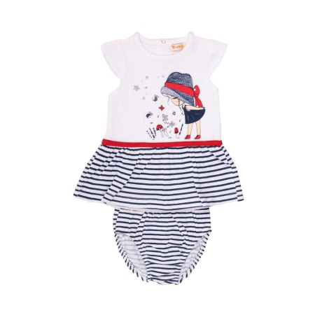 Fete - Rochie bumbac cu chilot bebe fetita, dungi navy, imprimeu fetita, Babybol