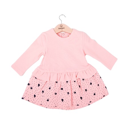 Rochite maneca lunga - Rochie bumbac fete, volanas si imprimeu flori, roz,Babybol