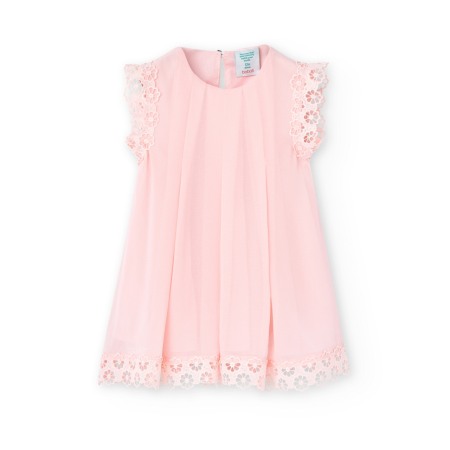 Rochite maneca scurta - Rochie chifon roz fete, broderie, Boboli