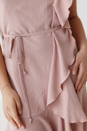 Rochie cu bretele fete 11-14ani , volanas si cordon in talie, roz prafuit [3]