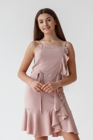 Fete/Baieti 2- 16 ani - Rochie cu bretele fete 11-14ani , volanas si cordon in talie, roz prafuit