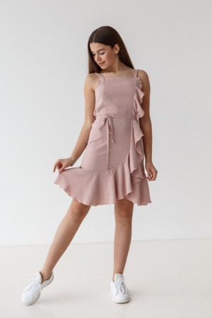 Rochie cu bretele fete 11-14ani , volanas si cordon in talie, roz prafuit [1]