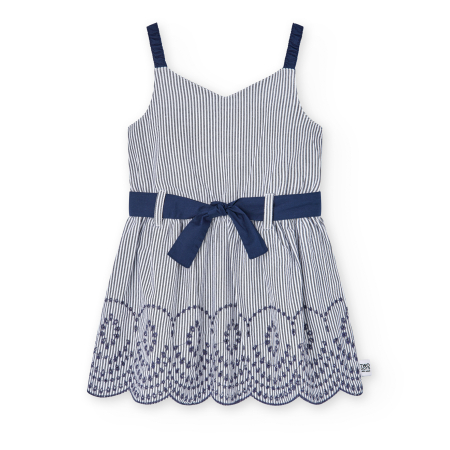Rochite maneca scurta - Rochie cu bretele fete, bumbac, broderie, cordon talie, dungi navy, brand Boboli