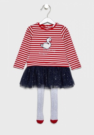 Rochite maneca lunga - Rochie cu tulle , dres inclus, dungi rosii, Babybol