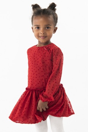 Fete - Rochie eleganta fete 1-8 ani, chifon, better cotton, imprimeu cu inimioare, rosie, Boboli