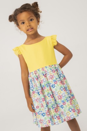 Fete/Baieti 2- 16 ani - Rochie eleganta fete satin, imprimeu flori, galbena, Boboli