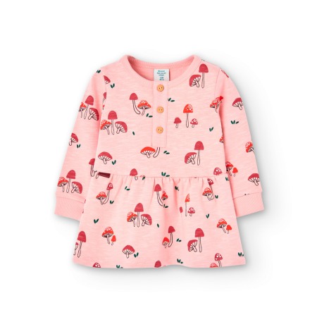Rochite maneca lunga - Rochie fete bumbac, imprimeu ciuperci, roz, Boboli