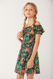 Rochite maneca scurta - Rochie fete cu bretele, imprimeu papagali, Boboli