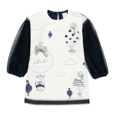 Rochite maneca lunga - Rochie fete cu maneci bufante plisee, tulle, bleumarin, Boboli