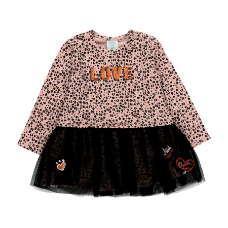 Rochite maneca lunga - Rochie fete jersey cu maneca lunga, animal print cu tulle, roz, Boboli