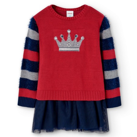 Fete - Rochie fete tricot rosie cu fusta tulle navy, coroana cu strasuri, Boboli