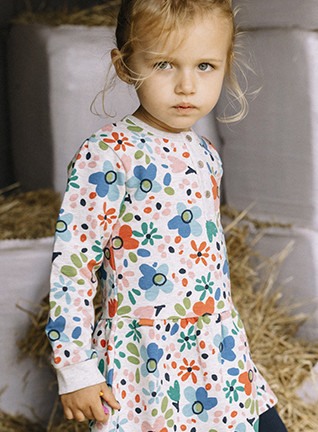 Fete/Baieti 2- 16 ani - Rochie fetita, maneca lunga, vatuita, imprimeu flori, multicolor, Babybol