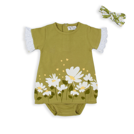 Rochie fetite bumbac cu bandana, maneca scurta, imprimeu floral, olive, brand Babybol [1]