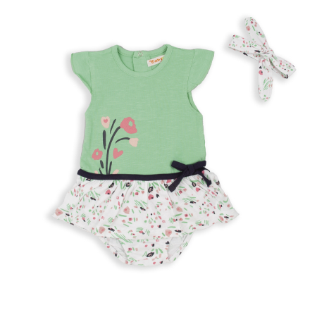 Rochite maneca scurta - Rochie fetite bumbac, maneca scurta, bandana par, verde, brand Babybol