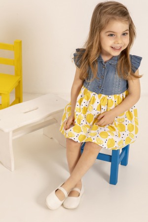 Fete - Rochie fetite cu maneca scurta, imprimeu lamai, denim, Babybol