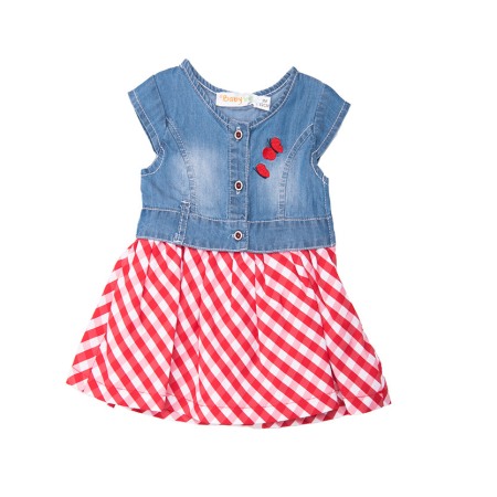 Fete - Rochie fetite denim cu maneca scurta, fusta carouri, Babybol