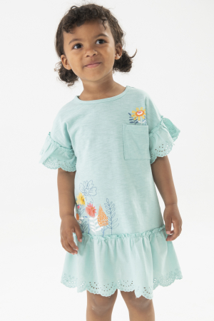 Rochie fetite din bumbac, broderie sparta, aplicatii florale, turcoaz, brand Boboli [5]