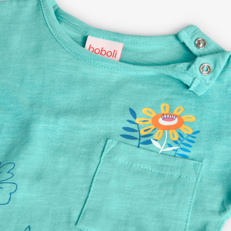 Rochie fetite din bumbac, broderie sparta, aplicatii florale, turcoaz, brand Boboli [3]