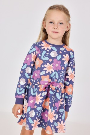 Rochite maneca lunga - Rochie fetite maneca lunga, bumbac better cotton, imprimeu floral mov, brand Boboli