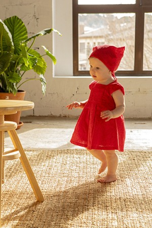 Fete - Rochie fetite maneca scurta, broderie, batic, bumbac, rosie, Babybol