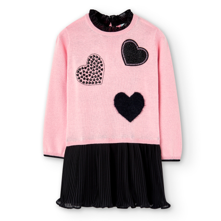 Rochite maneca lunga - Rochie fetite tricotata, fusta plisata neagra, roz, brand Boboli