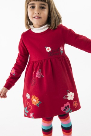 Fete - Rochie maneca lunga fetite, bumbac, imprimeu floral, rosie, brand Boboli