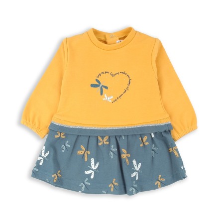 Rochite maneca lunga - Rochie maneca lunga fetite, bumbac oeko-tex, imprimeu fluturi, mustar, brand Babybol