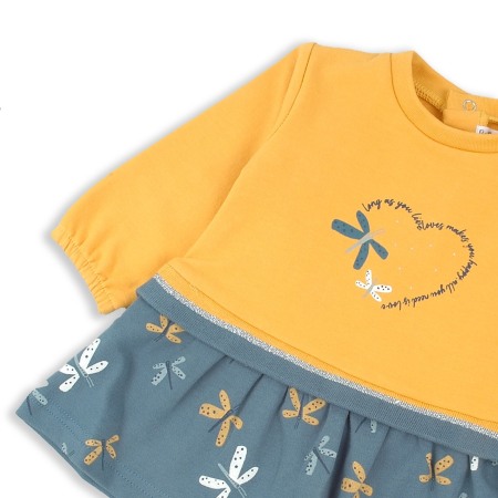 Rochie maneca lunga fetite, bumbac oeko-tex, imprimeu fluturi, mustar, brand Babybol [2]