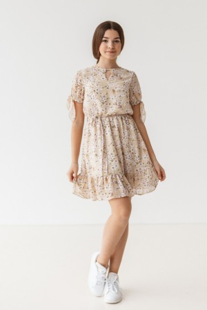 Rochie maneca scurta fete 12-14ani, imprimeu floral, bej [0]