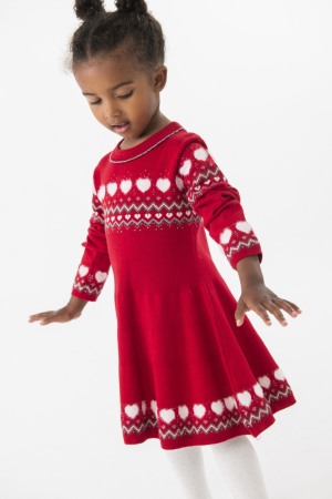 Rochite maneca lunga - Rochie tricot fete, model cu inimioare albe, rosie, Boboli