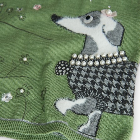 Rochie tricot fetite, broderie catel cu strasuri aplicate si perle, verde, Boboli [3]