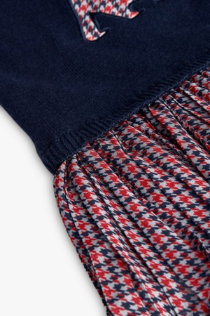 Rochie tricot fetite, broderie catel, fusta plisee carouri, bleumarin, brand Boboli [3]