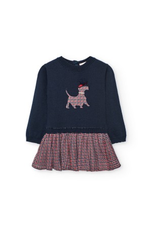 Fete/Baieti 2- 16 ani - Rochie tricot fetite, broderie catel, fusta plisee carouri, bleumarin, brand Boboli