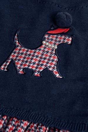 Rochie tricot fetite, broderie catel, fusta plisee carouri, bleumarin, brand Boboli [2]