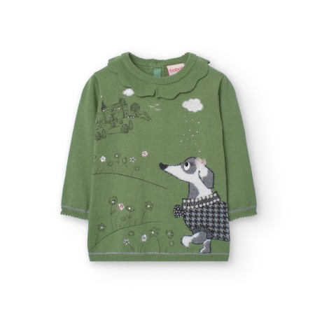 Rochie tricot fin fetite, gama CHIC, imprimeu catel cu perle, verde, brand Boboli [1]