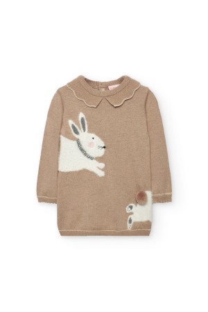 Rochie tricot fin fetite, gama CHIC, imprimeu iepurasi, bej, aplicatii strasuri, brand Boboli [2]