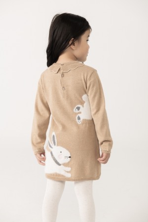 Rochie tricot fin fetite, gama CHIC, imprimeu iepurasi, bej, aplicatii strasuri, brand Boboli [1]
