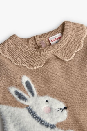 Rochie tricot fin fetite, gama CHIC, imprimeu iepurasi, bej, aplicatii strasuri, brand Boboli [4]