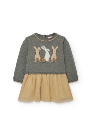 Fete - Rochie tricot fin fetite, gama CHIC, imprimeu iepurasi, fusta tulle aurie, brand Boboli