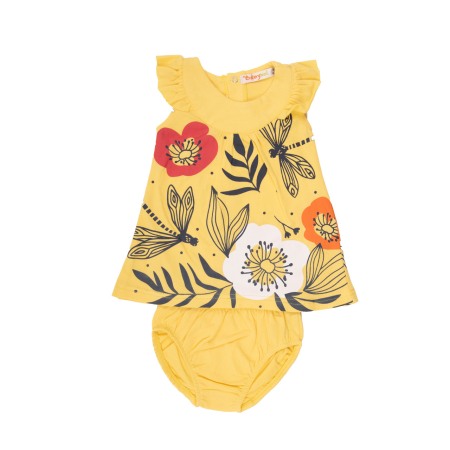Fete - Rochita bumbac bebe fetita, galbena cu imprimeu floral, chilot, Babybol