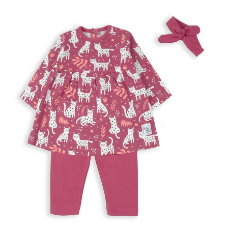 Compleu 2/3 piese - Rochita+colant+bandana bebe fetita, imprimeu pisicute, grena, brand Babybol