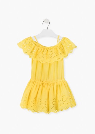 Rochite maneca scurta - Rochita cu bretele, broderie sparta, galbena