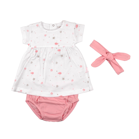 Rochite maneca scurta - Rochita de vara bebe fetita cu chilotel si bandana roz, bumbac, brand Babybol