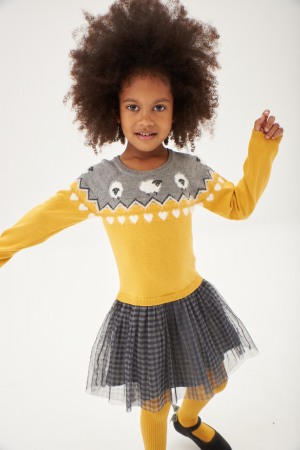 Rochite maneca lunga - Rochita tricot cu fusta tulle gri, model oite, galbena, Boboli