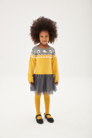 Rochita tricot cu fusta tulle gri, model oite, galbena, Boboli [5]