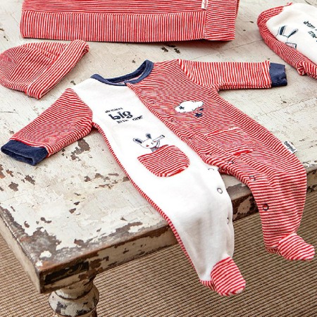 Baieti - Salopeta bebe baiat catifea cu botosei, dungi rosii, Babybol