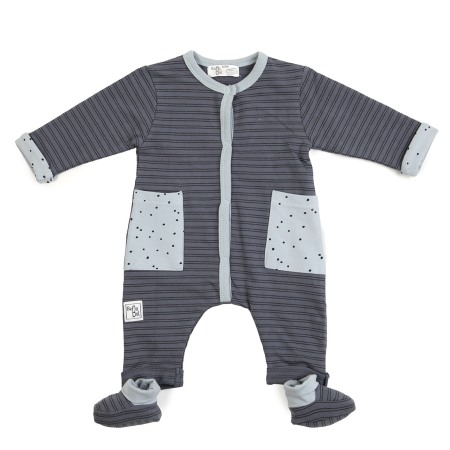 Baieti - Salopeta bebe bumbac cu botosei detasati , bleu/gri, Babybol