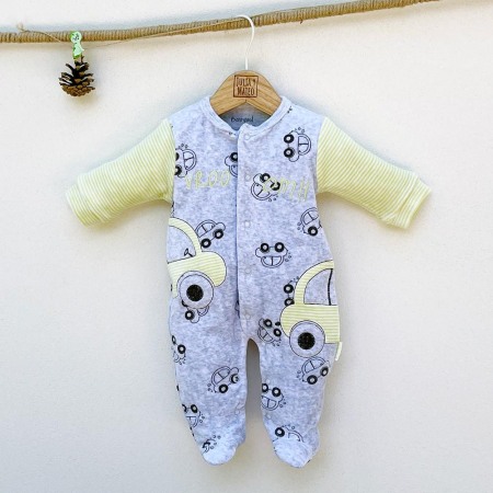 Baieti - Salopeta bebe catifea , imprimeu masinute,gri/fistic, Babybol