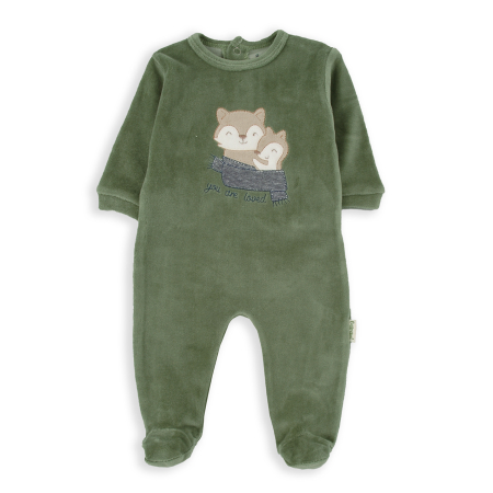 Salopeta bebe maneca lunga - Salopeta bebe cu botosei, bumbac catifelat, broderie animale, verde, brand Babybol